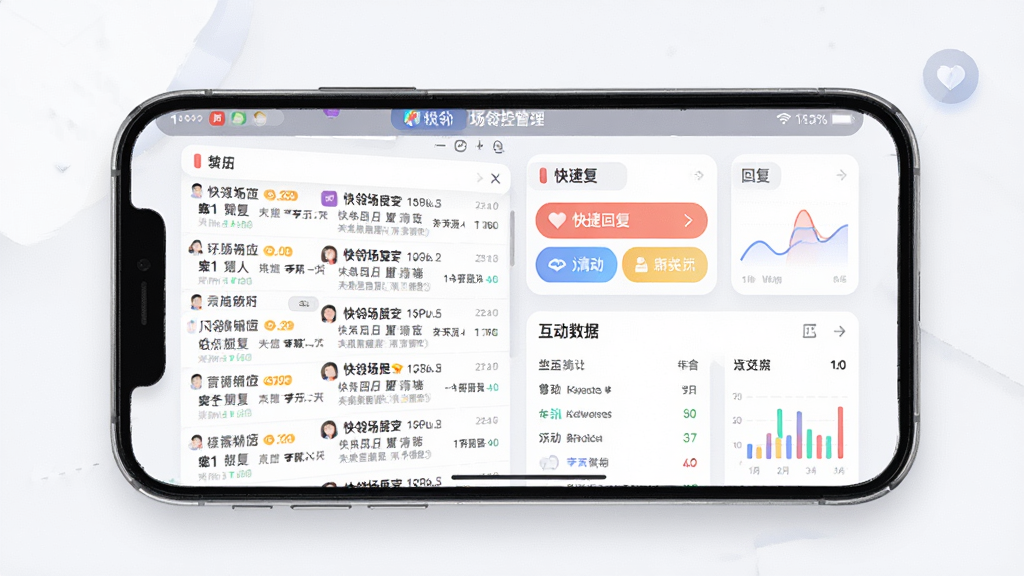 一张展示快瓴场控助手软件主界面的预览图,画面中央为手机屏幕,屏幕内显示直播间场控管理面板,包含弹幕列表、快捷回复按钮和互动数据统计区域,布局清晰整洁,风格为现代科技感扁平化设计,细节上带有柔和阴影和圆角元素,画质高清,画面干净,无多余元素