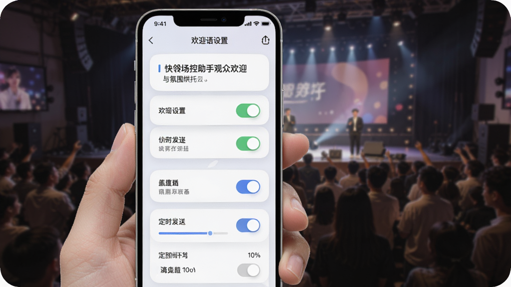 一张展示快瓴场控助手观众欢迎与氛围烘托功能的界面图,画面主体为手机屏幕内欢迎语设置面板与定时发送开关,布局为纵向列表,风格为柔和圆角卡片式设计,细节上带有开关控件和进度条元素,画质清晰,干净,无多余元素