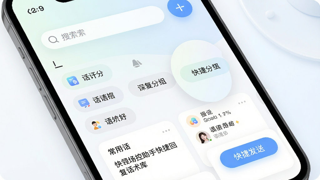 一张展示快瓴场控助手快捷回复话术库的界面图,画面主体为手机屏幕内话术分组列表与快捷发送按钮,顶部有搜索栏,中部为分组标签,底部为常用话术卡片,布局上下结构,风格为清新浅色圆角设计,细节上带有柔和渐变和图标点缀,画质高清,画面干净,无多余元素
