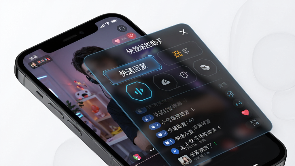 一张展示快瓴场控助手在手机端悬浮窗操作界面的预览图,画面主体为手机屏幕内直播画面与悬浮控制面板,面板上包含快捷回复按钮和弹幕滚动区域,布局为悬浮叠加式,风格为现代科技感深色半透明设计,细节上带有发光边框和图标,画质高清,画面干净,无多余元素