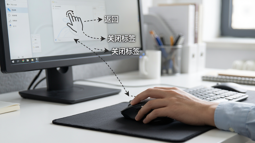 办公浏览器鼠标手势操作演示图,画面中一只手握着鼠标在鼠标垫上滑动,屏幕上显示出手势轨迹的虚线箭头和对应的操作提示文字如“返回”“关闭标签”,背景为办公桌面,风格写实,画质清晰,干净无多余元素