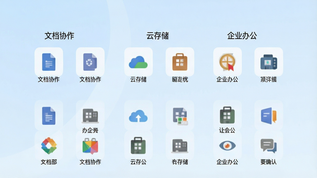 办公浏览器起始页导航界面,画面展示一个整洁的网页起始页,页面上有分类清晰的网站图标矩阵,包括“文档协作”“云存储”“企业办公”等文字标签,背景为浅蓝色渐变,风格清新商务,画质干净,无多余元素