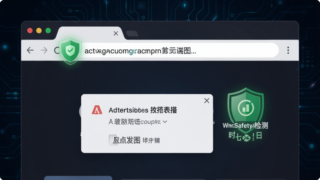 办公浏览器安全防护功能示意图,画面中浏览器地址栏旁显示绿色的安全盾牌图标,页面上有广告拦截提示弹窗和网址安全检测标志,背景为深色科技感界面,风格专业稳重,细节清晰,画质干净,无多余元素
