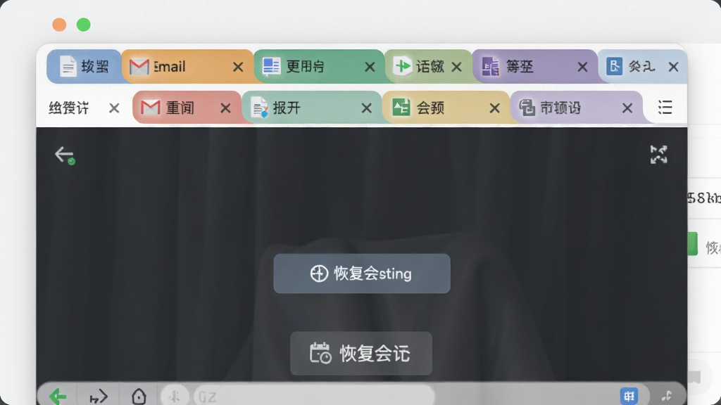 办公浏览器多标签管理功能界面截图风格,画面中一个浏览器窗口顶部排列着多个彩色标签页,标签页上显示文档、邮箱、报表等图标,窗口下方有恢复会话的提示按钮,整体布局居中,风格简洁现代,画质清晰,干净无多余元素