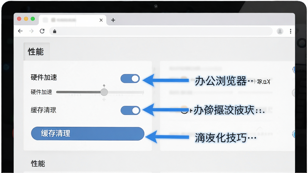 办公浏览器设置界面优化技巧示意图,画面展示浏览器设置页面的“性能”选项卡,有硬件加速开关、缓存清理按钮等选项,旁边有蓝色箭头标注优化建议,背景为浅灰色界面,风格简洁实用,画质清晰,无多余元素