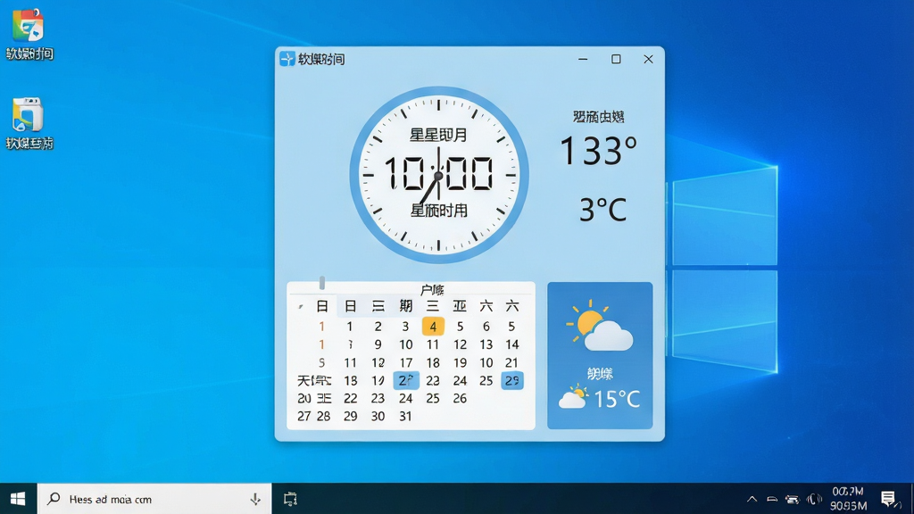 һ�Ÿɾ������Windows���������ͼ�������������һ���Լ��������ʱ������С���ߣ�������ʾʱ�䡢���ڡ�ũ����������Ϣ���������ơ���ýʱ�䡱�����ɼ�������Ϊʱ�����Ϸ����������·�������ͼ�����Ҳ࣬�����Ű�Գ����룬���Ϊ�ִ���Լ��ƽ����ƣ�ɫ����ǳ���Ͱ�ɫΪ����ϸ�ڰ�������ʱ�ӡ�������ʾ��ũ�����ڡ�����ͼ����¶����֣����ʸ��塢����ɾ����޶���Ԫ��