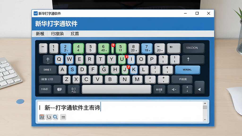 一张展示新华打字通软件主界面的图片,画面中央是软件操作窗口,窗口内呈现键盘指法练习界面,包含虚拟键盘高亮按键提示和文字输入区域,界面风格简洁清爽,配色以蓝白为主,背景为干净的浅色桌面,整体画质清晰,无多余元素