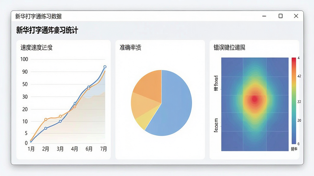 一张展示新华打字通练习数据统计界面的图片,画面中软件窗口内显示速度曲线图、准确率饼图和错误键位热力图等数据可视化图表,图表配色柔和清晰,界面风格专业简洁,背景干净,画质高清,无多余元素