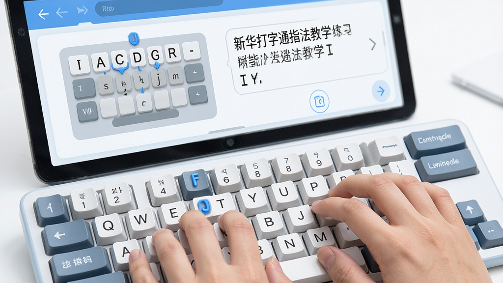 一张展示新华打字通指法教学功能的图片,画面中虚拟键盘上基准键位F和J带有凸起标识,手指以正确姿势放置在键盘上,屏幕显示指法引导动画和练习文本,界面风格清爽明亮,配色以蓝白灰为主调,画质清晰干净,无多余装饰元素