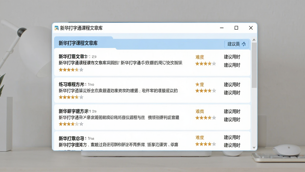 一张展示新华打字通课程文章库界面的图片,画面中软件窗口内以列表形式展示多篇练习文章,每篇文章旁边标注难度星级和建议用时,界面风格整洁有序,配色以白色和浅蓝色为主,背景干净,画质清晰,无多余元素