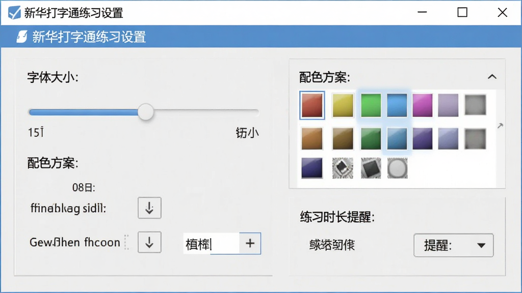 一张展示新华打字通练习设置界面的图片,画面中软件窗口内显示字体大小调节滑块、配色方案选择器和练习时长提醒设置选项,界面风格简洁实用,配色以浅灰和蓝色为主,背景干净,画质清晰,无多余元素