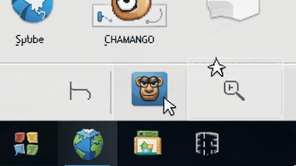 Chamongo软件在Windows系统托盘中的图标特写,主体是托盘区域和软件图标,布局为右下角任务栏局部放大,风格为写实科技感,细节包括图标清晰可见、周围有其他系统图标、鼠标悬停提示文字,画质锐利,画面干净,无多余元素