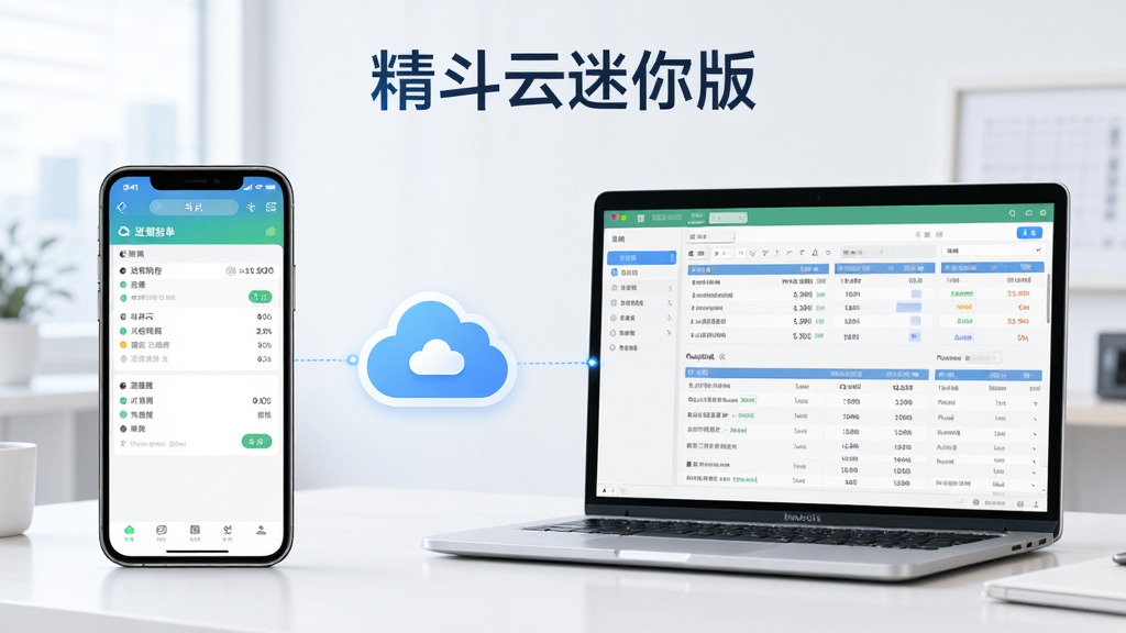 精斗云迷你版云端数据同步场景,主体为一部手机和一台笔记本电脑并排展示,布局为左手机右电脑,排版中间用云朵图标连接,风格为科技清新风,细节为手机屏幕显示进销存单据录入界面,电脑屏幕显示财务报表,画面中有“精斗云迷你版”文字标识,画质高清干净无多余元素