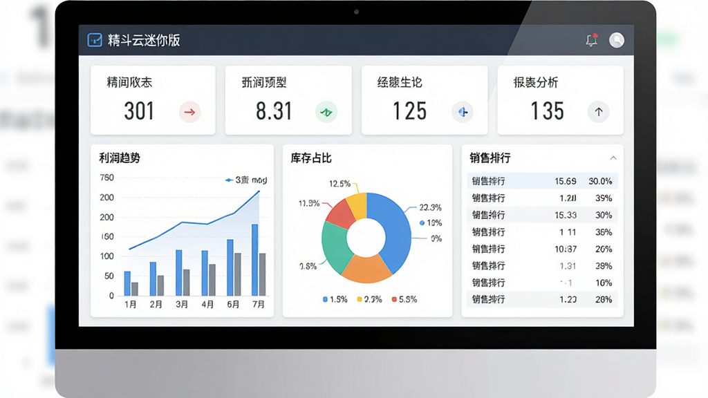 精斗云迷你版智能报表分析界面,主体为电脑屏幕中展示的多张财务与经营数据图表,布局为上方指标卡片下方柱状图与饼图组合,排版整齐对称,风格为商务数据可视化风,细节包含利润趋势曲线、库存占比饼图、销售排行列表,画面中带“精斗云迷你版”字样,画质高清干净无多余元素