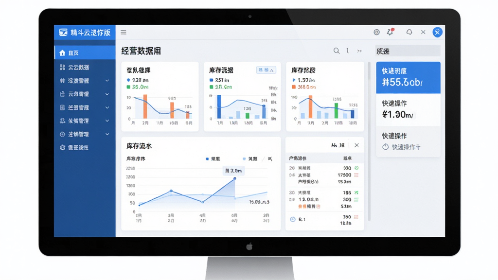 精斗云迷你版软件主界面全貌展示,主体为电脑屏幕中打开的云财务与进销存管理后台,布局左侧为功能导航菜单,中间为经营数据看板与库存流水图表,右侧为快捷操作入口,排版整洁清晰,风格为现代商务简约风,细节包含蓝色主色调、白色卡片式数据面板、图表与数字清晰可见,画质高清干净无多余元素