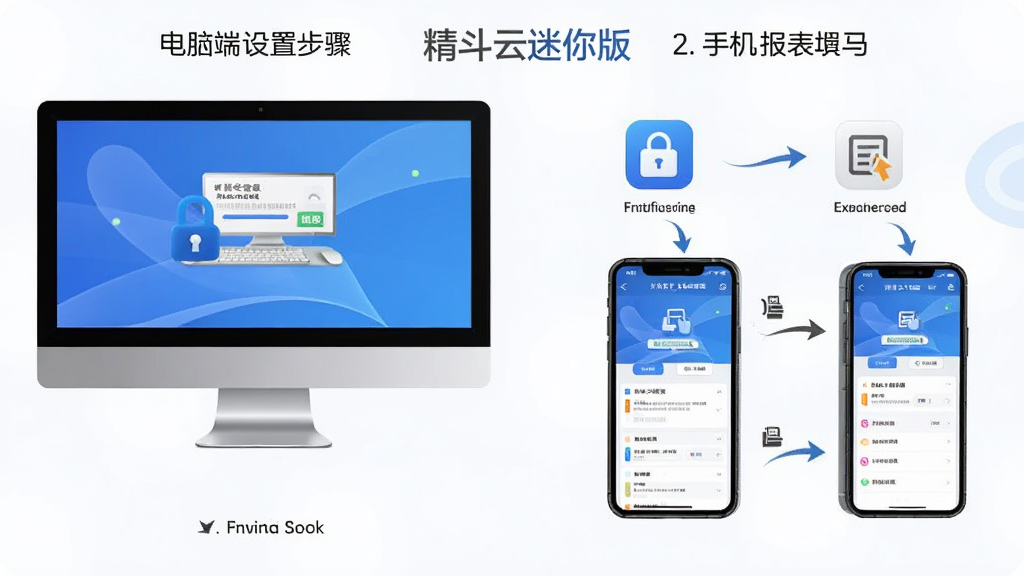 精斗云迷你版新手上手操作流程图,主体为电脑与手机双端操作界面并列展示,布局为左侧电脑端设置步骤、右侧手机端同步展示,排版为分步流程图样式,风格为简洁教程风,细节包含账号登录、期初录入、单据填写、报表查看四个步骤图标,画面中带“精斗云迷你版”文字,画质高清干净无多余元素