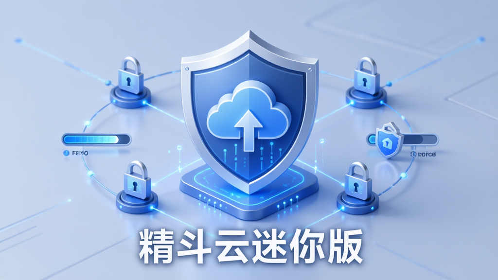 精斗云迷你版数据安全与备份功能展示,主体为盾牌与云存储图标组合,布局为居中盾牌周围环绕数据节点,排版简洁大气,风格为安全科技风,细节包含锁形图标、备份进度条、加密标识,画面中带“精斗云迷你版”文字,画质高清干净无多余元素