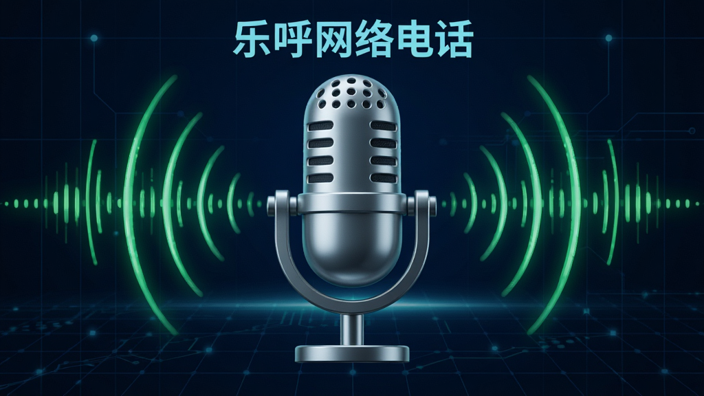 画面中央是一个巨大的麦克风图标,麦克风周围环绕着绿色的声波和数字信号波纹。背景是深蓝色的科技感网格,网格上漂浮着“乐呼网络电话”的文字标识。排版采用对称式构图,风格为极简科技风,细节上麦克风金属质感强烈,声波线条流畅,画质为高清4K,画面干净,无多余元素。