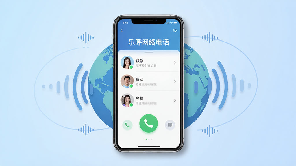 画面中心展示一部智能手机,屏幕上显示着“乐呼网络电话”的App界面,界面中有一个醒目的绿色拨打按钮和联系人列表。手机周围环绕着象征声音的声波图标和地球图案,背景是柔和的浅蓝色渐变。排版采用居中构图,风格为现代扁平化科技风,细节上手机边缘有轻微的投影,界面UI清晰可见,画质为高清4K,画面干净,无多余元素。