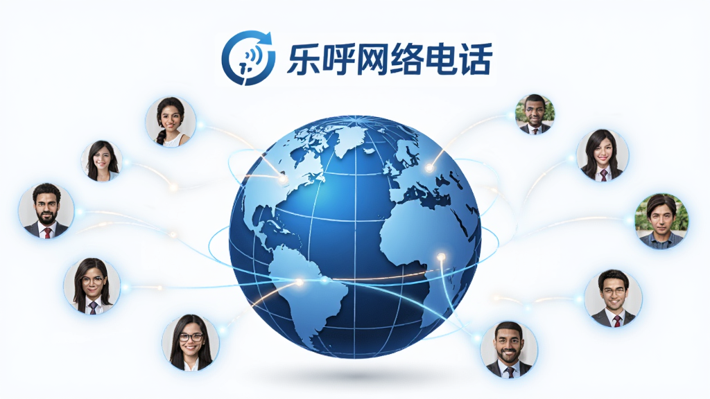 画面中心是一个蓝色的地球仪,地球仪上连接着许多发光的线条,线条末端连接着不同肤色的人物头像。地球仪上方悬浮着“乐呼网络电话”的Logo。排版采用环绕式构图,风格为国际化商务风,细节上地球仪有经纬线纹理,线条发光柔和,画质为高清4K,画面干净,无多余元素。