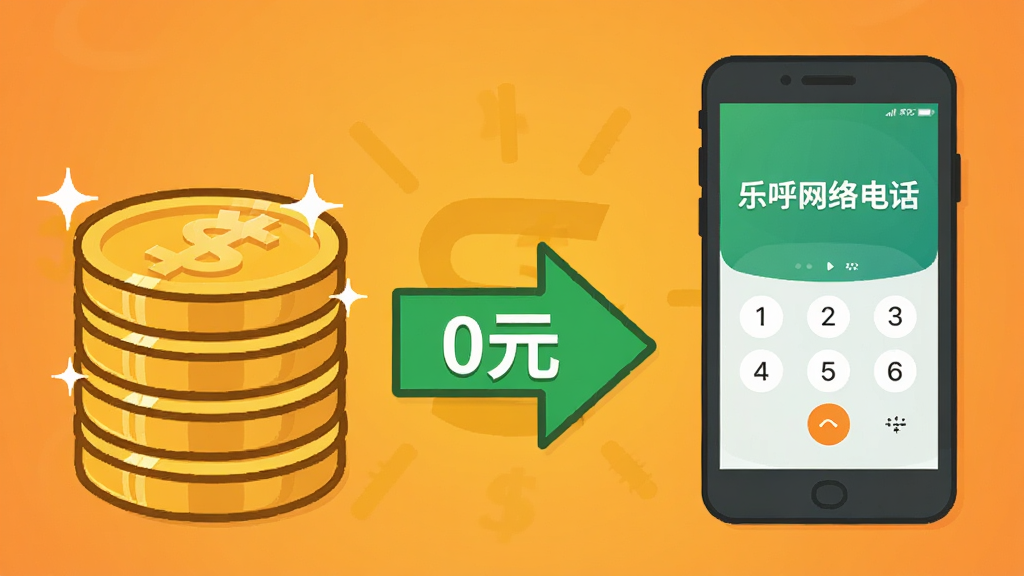 画面左侧是一个金币堆叠的图标,右侧是一个手机图标,中间用一条绿色的箭头连接,箭头上写着“0元”字样。背景是温暖的橙黄色渐变,代表省钱与实惠。排版为左右对比构图,风格为卡通扁平化,细节上金币有高光效果,手机屏幕显示“乐呼网络电话”的拨号盘,画质为高清4K,画面干净,无多余元素。