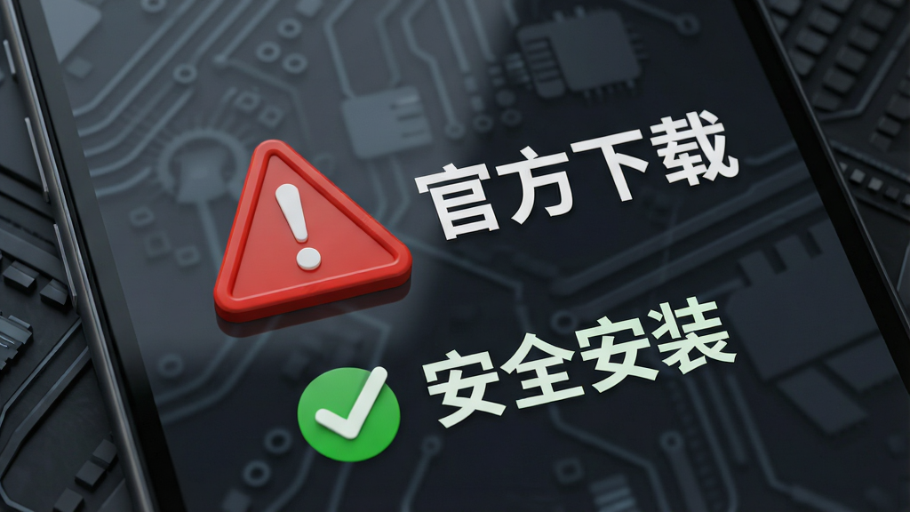 画面展示一部手机屏幕特写,屏幕上有一个红色的警告三角形图标,旁边写着“官方下载”四个字,下方是一个绿色的对勾和“安全安装”字样。背景是深灰色的科技纹理。排版采用上下结构,风格为安全提示风,细节上警告图标有立体感,文字清晰醒目,画质为高清4K,画面干净,无多余元素。