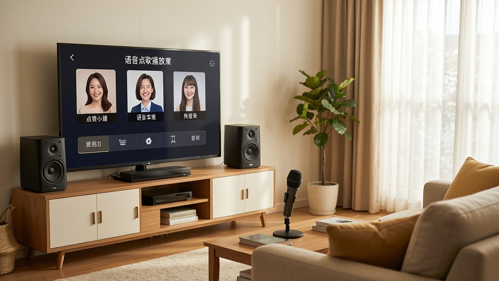 一张展示语音点歌播放器多场景使用的图片,主体为家庭客厅中电视屏幕显示点歌界面,旁边有麦克风和音响设备,布局为客厅全景视角,排版自然,风格为温馨生活风,细节上突出点歌界面和音响设备,画质高清,画面干净,无多余元素