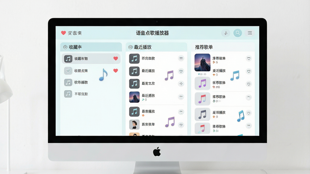 一张展示语音点歌播放器歌单管理界面的图片,主体为电脑屏幕上的歌单列表,包含收藏夹、最近播放和推荐歌单三个区域,布局分栏清晰,排版整齐,风格为清新浅色系,细节上突出心形收藏图标和音乐符号,画质高清,画面干净,无多余元素