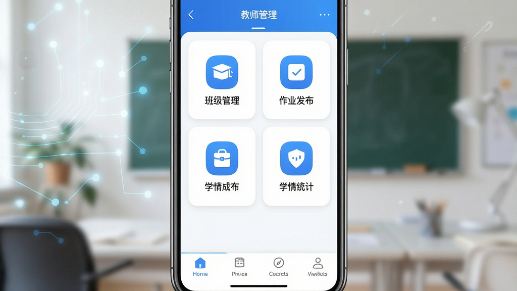一张展示轻松英语教师端软件主界面的截图风格图片,主体为手机屏幕中显示教师端应用首页,布局为居中展示手机正视图,屏幕内呈现班级管理、作业发布、学情统计等模块图标,排版清晰整齐,风格为现代简约科技风,细节包括蓝色主色调、圆角图标、白色背景、底部导航栏,画质高清干净无多余元素