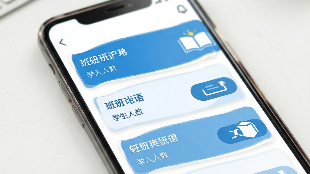 轻松英语教师端班级管理功能界面展示,主体为手机屏幕中班级列表页面,布局为纵向排列的班级卡片,排版简洁明了,风格为清新教育风,细节包括蓝色与白色搭配、班级名称文字、学生人数标识、进入按钮,画质高清干净无多余元素