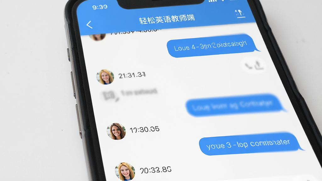 轻松英语教师端消息通知功能界面展示,主体为手机屏幕中消息列表页面,布局为纵向排列的对话气泡,排版清晰,风格为清新社交风,细节包括蓝色发送气泡、白色接收气泡、时间戳、头像图标,画质高清干净无多余元素