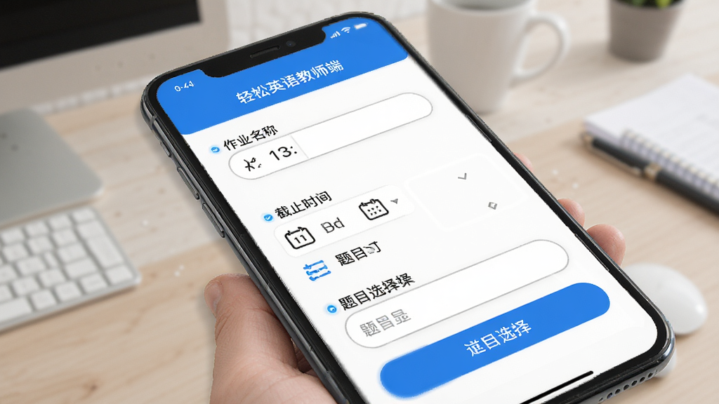 轻松英语教师端作业布置功能界面展示,主体为手机屏幕中作业发布页面,布局为表单式排列包含作业名称、截止时间、题目选择等输入框,排版工整有序,风格为现代教育科技风,细节包括蓝色按钮、白色输入框、图标点缀,画质高清干净无多余元素