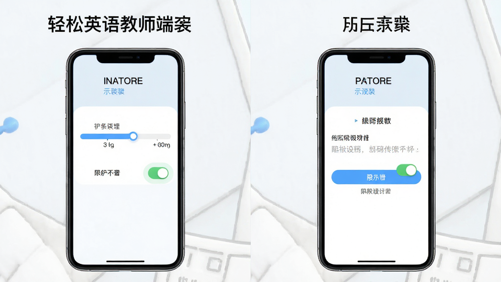 轻松英语教师端安装步骤示意图,主体为手机屏幕中安装进度条与权限设置页面,布局为左右分栏展示安装前后对比,风格为简洁教程风,细节包括蓝色进度条、权限开关按钮、文字说明,画质高清干净无多余元素