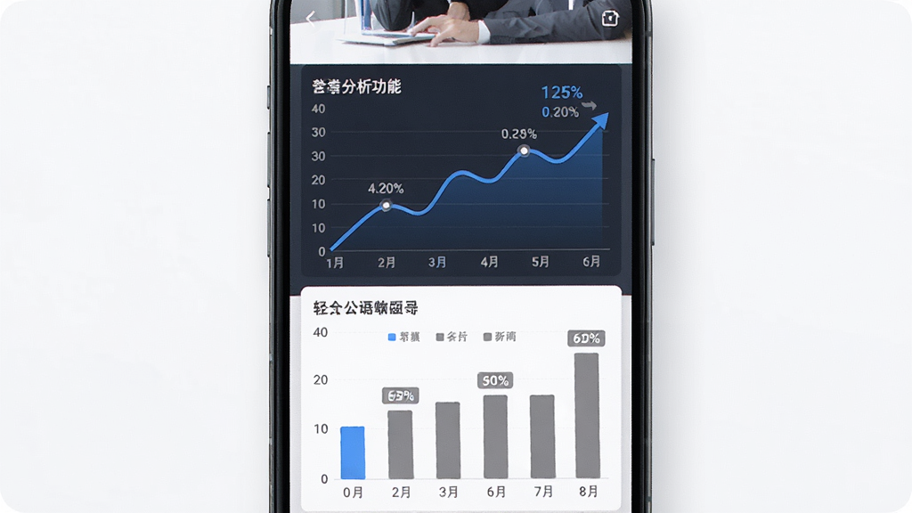 轻松英语教师端学情分析功能界面展示,主体为手机屏幕中数据统计图表页面,布局为上方折线图下方柱状图的组合排版,风格为商务简约风,细节包括蓝色折线、灰色柱状、百分比数字、简洁标签,画质高清干净无多余元素