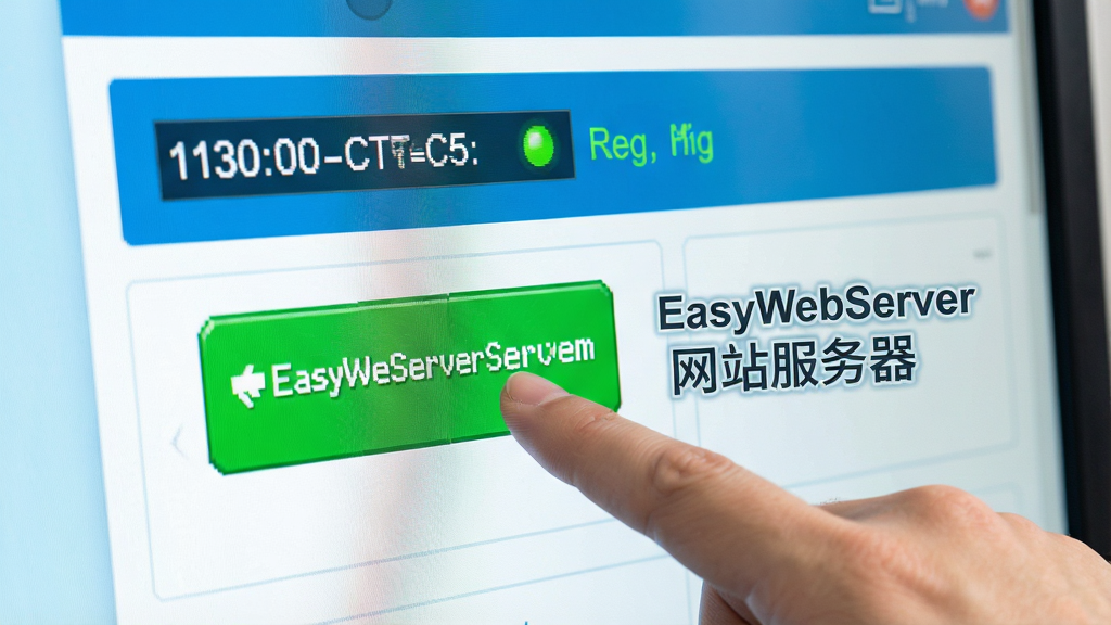画面展示一只手指点击电脑屏幕上的绿色启动按钮,按钮旁标注“EasyWebServer网站服务器”字样,背景为简洁的软件操作面板,面板上显示端口号和运行状态指示灯,整体风格清新明快,采用蓝绿配色,细节清晰,画质干净,无多余元素