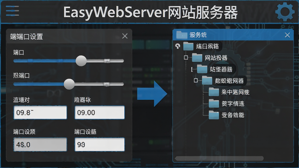 画面以分屏形式呈现,左侧为端口设置滑块和数字输入框,右侧为文件夹树状结构图,中间用箭头连接,顶部带有“EasyWebServer网站服务器”标识,整体采用深灰色与亮蓝色搭配的商务风格,布局规整,细节丰富,画质清晰,无杂乱元素