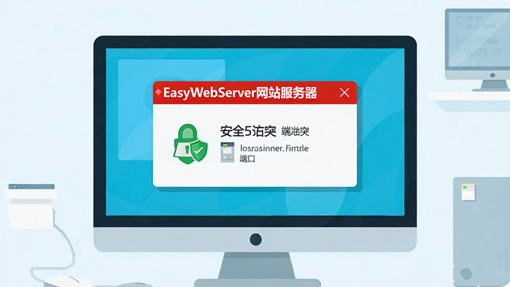画面展示一台电脑屏幕上弹出红色警告窗口,窗口标题为“EasyWebServer网站服务器 端口冲突”,旁边有一个绿色盾牌图标表示安全信任设置,背景为简洁的桌面环境,整体采用扁平插画风格,色彩对比鲜明,细节清晰,画质干净,无多余元素