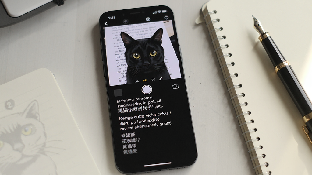 一部手机展示黑猫识别助手文字提取功能界面,屏幕上半部分是拍摄的英文书籍页面,下半部分显示提取出的英文文字和中文翻译对照,手机放在书桌上旁边有笔记本和钢笔,风格办公学习场景,画面整洁明亮,画质清晰干净无多余元素