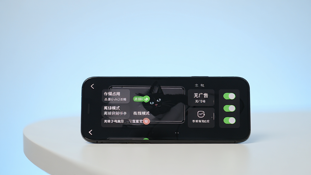 一部手机展示黑猫识别助手设置页面,屏幕显示存储占用小、无广告、离线模式等选项开关,手机放在简洁的桌面上,背景为浅蓝色渐变,画面风格清爽简约,画质清晰干净无多余元素