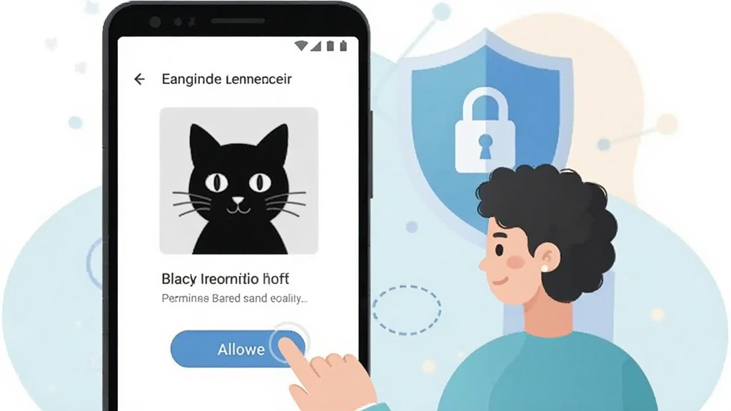 一张展示手机使用技巧的插画风格图片,画面中一部安卓手机屏幕显示黑猫识别助手的权限设置页面,旁边有卡通人物用手指点击允许按钮,背景有盾牌和锁的图标象征安全防护,风格扁平化插画,色彩柔和,画质清晰干净无多余元素