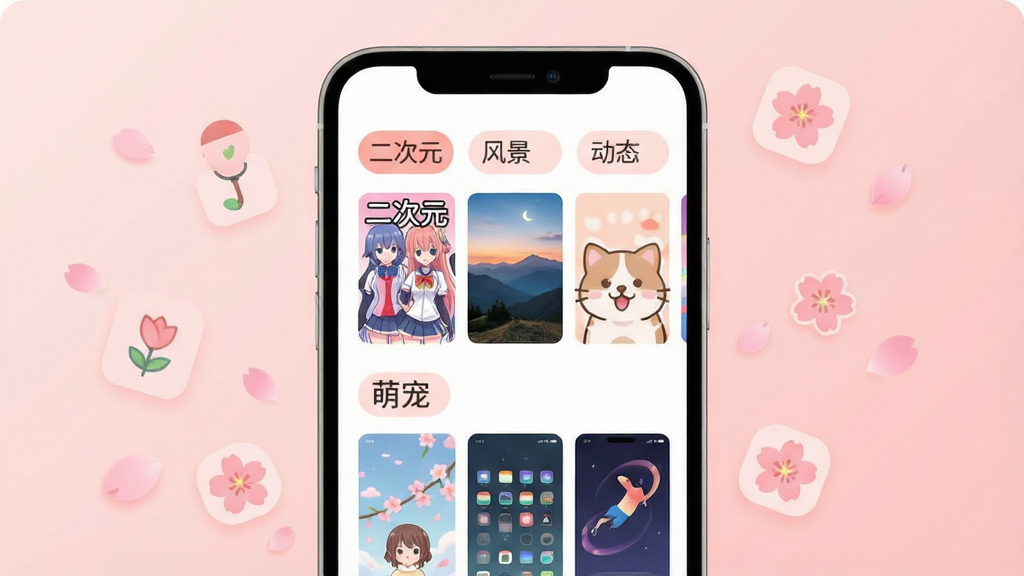 一幅展示桃气壁纸应用内壁纸分类页面的场景图,画面中手机屏幕显示多个分类标签如“二次元”“风景”“萌宠”“动态”等,每个分类下方有对应的代表性壁纸缩略图,背景为淡粉色渐变,手机周围环绕着漂浮的小图标和桃花花瓣,风格为扁平化UI展示图,细节包括分类标签圆角设计、缩略图清晰、色彩搭配柔和,画质高清,干净无杂乱元素