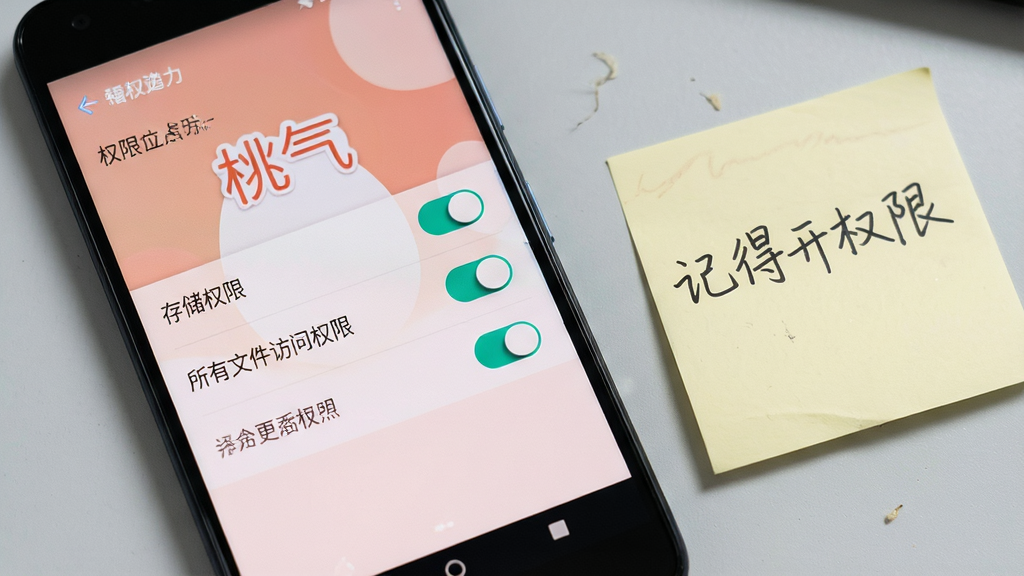 一部安卓手机特写镜头,屏幕显示桃气壁纸的权限管理页面,页面上有存储权限、所有文件访问权限等开关按钮,手机旁边放着一张手写便签写着“记得开权限”,背景为浅灰色桌面,风格为教程类实拍图,细节包括手机屏幕的清晰文字、开关按钮的高亮状态、便签的手写质感,画质高清,干净整洁,无多余元素