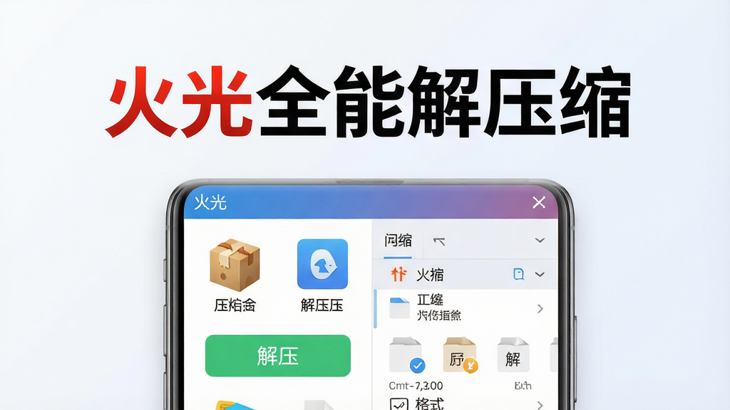 一张展示火光全能解压缩手机应用界面的高清预览图,画面中央是软件主功能面板,上方有醒目的“火光全能解压缩”文字标志,下方排列着压缩包图标、解压按钮、文件列表和格式标识,背景为干净的浅色渐变,风格现代科技感,细节清晰,画质干净无多余元素