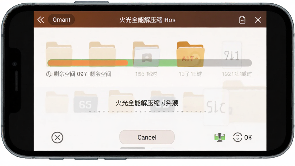 火光全能解压缩在手机屏幕上显示解压进度与存储空间提示的AI生成图,主体为手机界面中进度条与文件夹图标,布局居中,排版直观,风格简洁实用,细节包含剩余空间数字与取消按钮,画质干净清晰,无多余元素