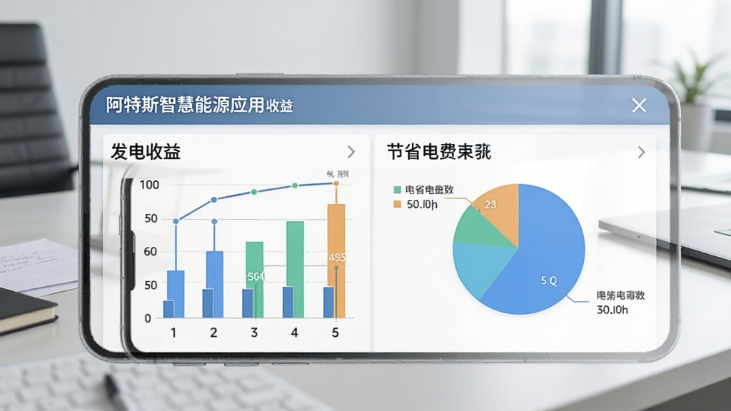 阿特斯智慧能源应用中的收益统计页面,手机屏幕上显示柱状图和饼图,标注发电收益和节省电费数据,背景是简洁的办公桌面,风格清新商务,画质干净,无多余元素