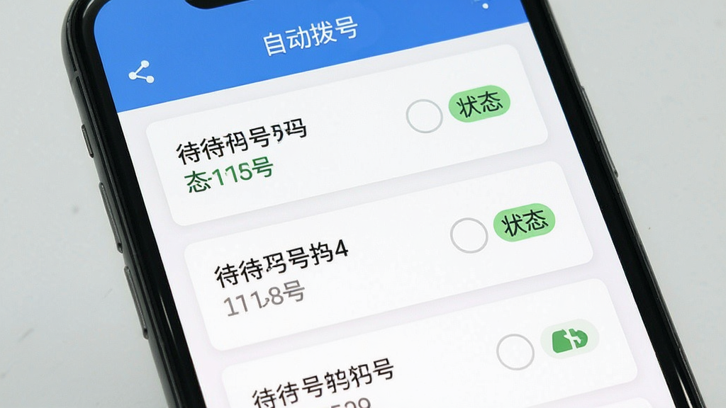 一张展示自动拨号软件任务队列管理界面的手机截图,画面中列出多个待拨号码及状态标识,顶部有“自动拨号”文字,界面采用卡片式布局,风格清爽,细节清晰,画质干净,无多余元素