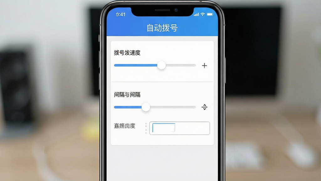 一张展示自动拨号软件参数设置界面的手机截图,画面中有滑块和输入框用于调整拨号速度与间隔,界面顶部标注“自动拨号”,布局对称,风格干净,细节丰富,画质高清,无多余装饰