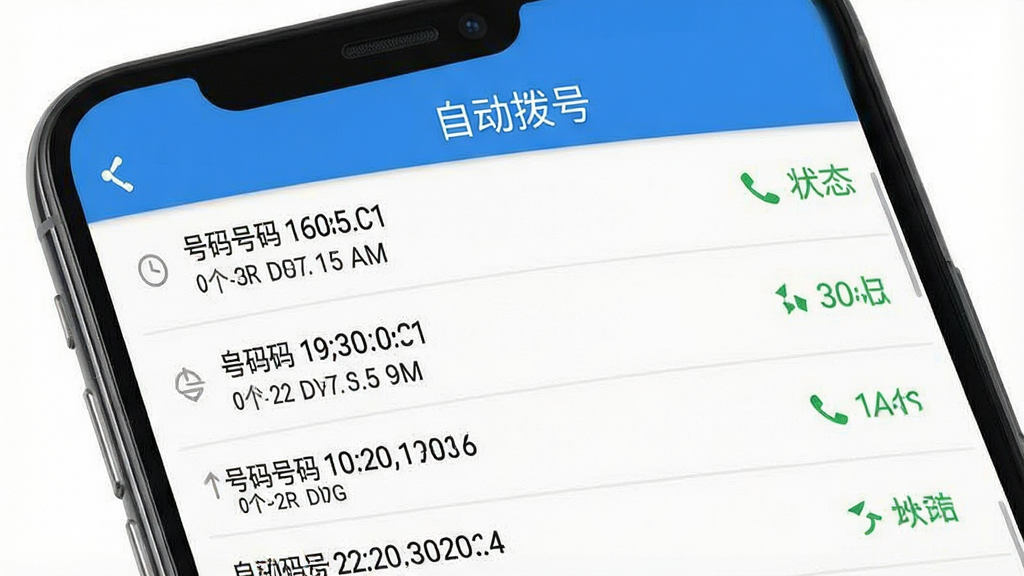 一张展示自动拨号软件通话记录统计页面的手机截图,画面中以列表形式展示多条通话记录,包含号码、时间与状态,顶部显示“自动拨号”字样,排版整齐,风格简约,画质清晰,无杂乱元素