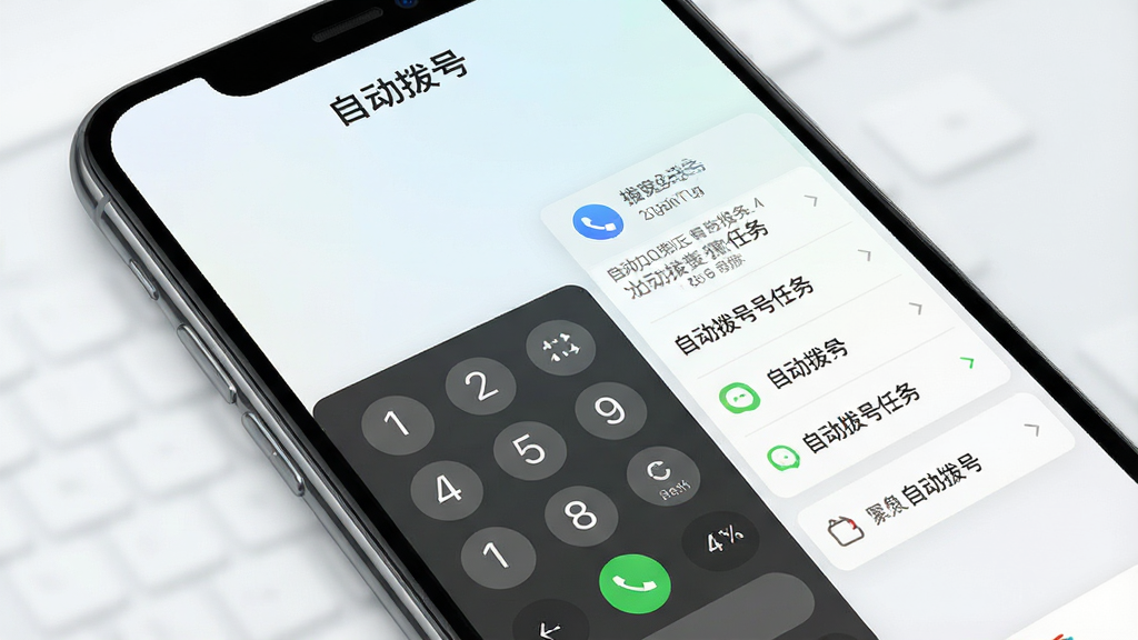 一张展示自动拨号软件主界面的手机屏幕截图,画面中央是简洁的拨号键盘与自动拨号任务列表,顶部显示软件名称“自动拨号”,背景为干净的浅色渐变,主体突出,布局清晰,风格现代简约,细节精致,画质高清,干净无多余元素