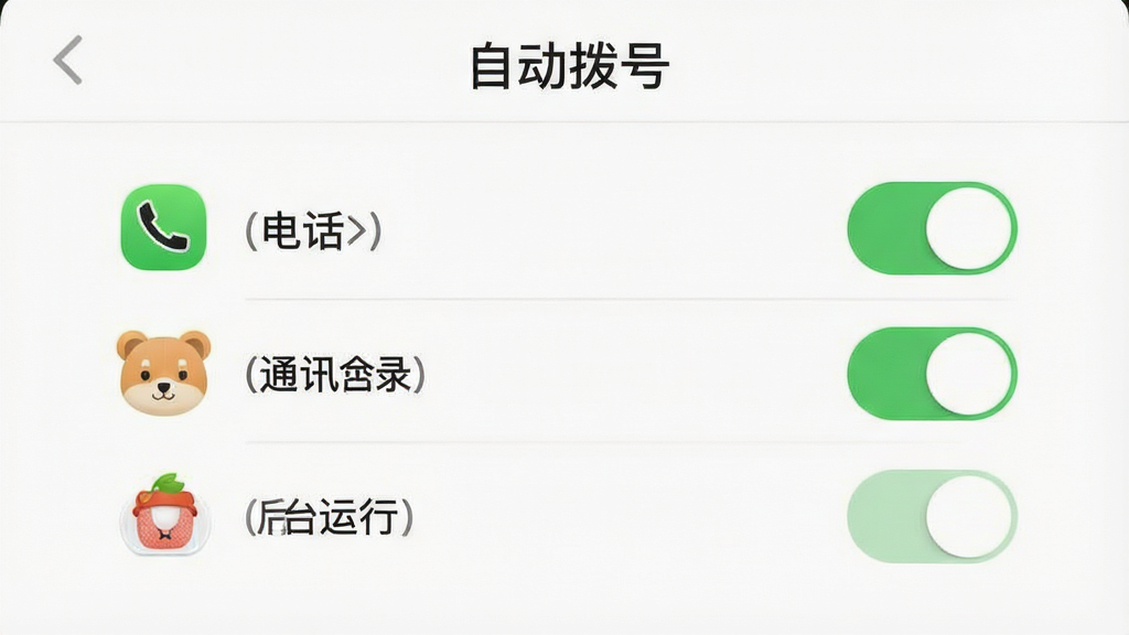 一张展示自动拨号软件在手机后台权限设置界面的截图,画面中突出显示电话、通讯录与后台运行三个权限开关,顶部有“自动拨号”文字标识,风格简洁,布局清晰,画质干净,无多余元素